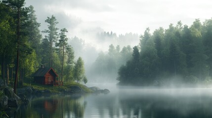 Fototapeta premium A serene forest with a mist-covered lake and a wooden cabin on the shore.