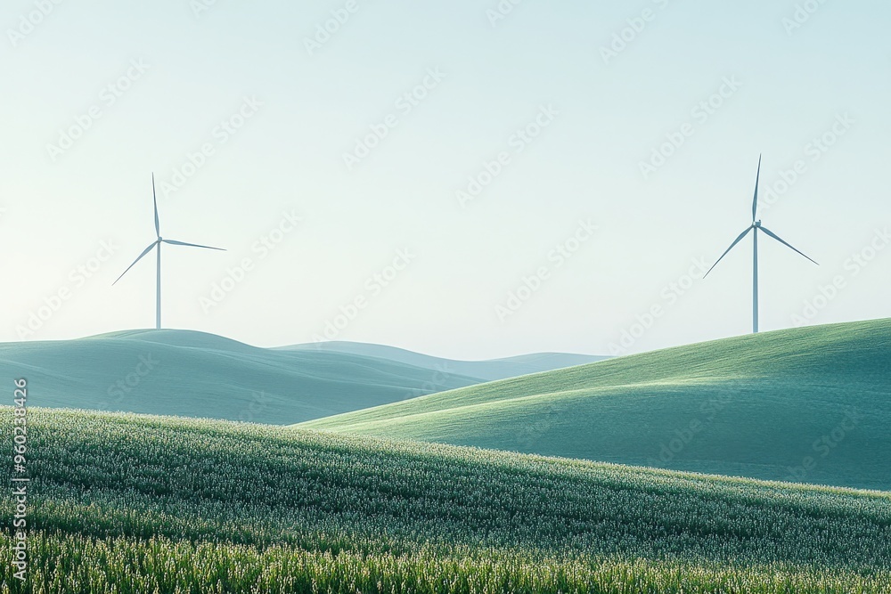 Sticker minimal ai-driven wind farm in the distance, soft natural light, abundant empty space around for cop