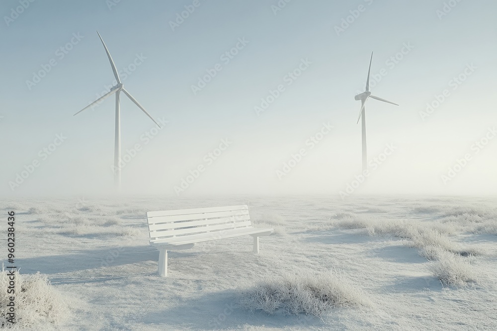 Sticker minimal ai-driven wind farm in the distance, soft natural light, abundant empty space around for cop