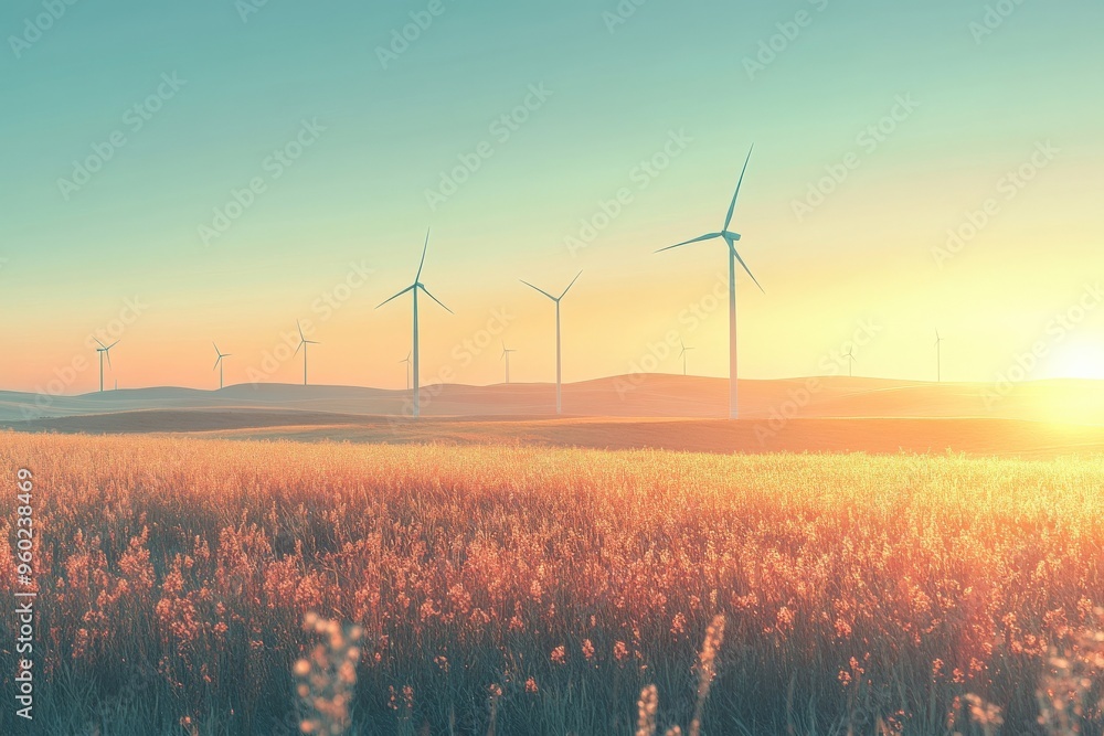 Poster minimal ai-driven wind farm in the distance, soft natural light, abundant empty space around for cop
