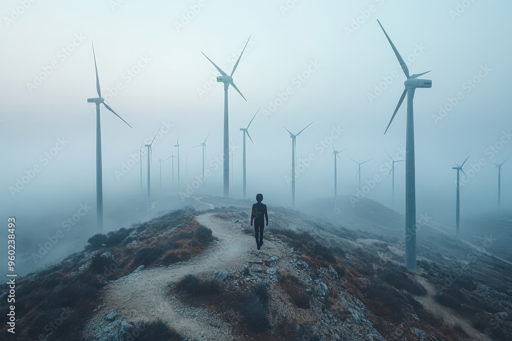 Poster minimal ai-driven wind farm in the distance, soft natural light, abundant empty space around for cop