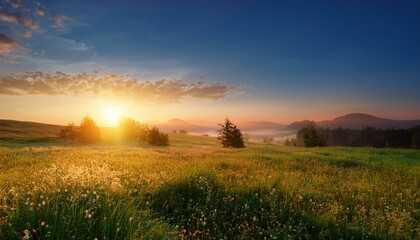 Obraz premium Sunrise over a peaceful meadow, symbolizing the tranquility of new life beginnings beauty in nature peaceful fantasy