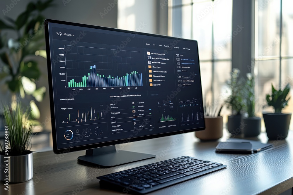 Poster minimal ai-powered dashboard showing sustainable resource management, soft natural light, ample copy