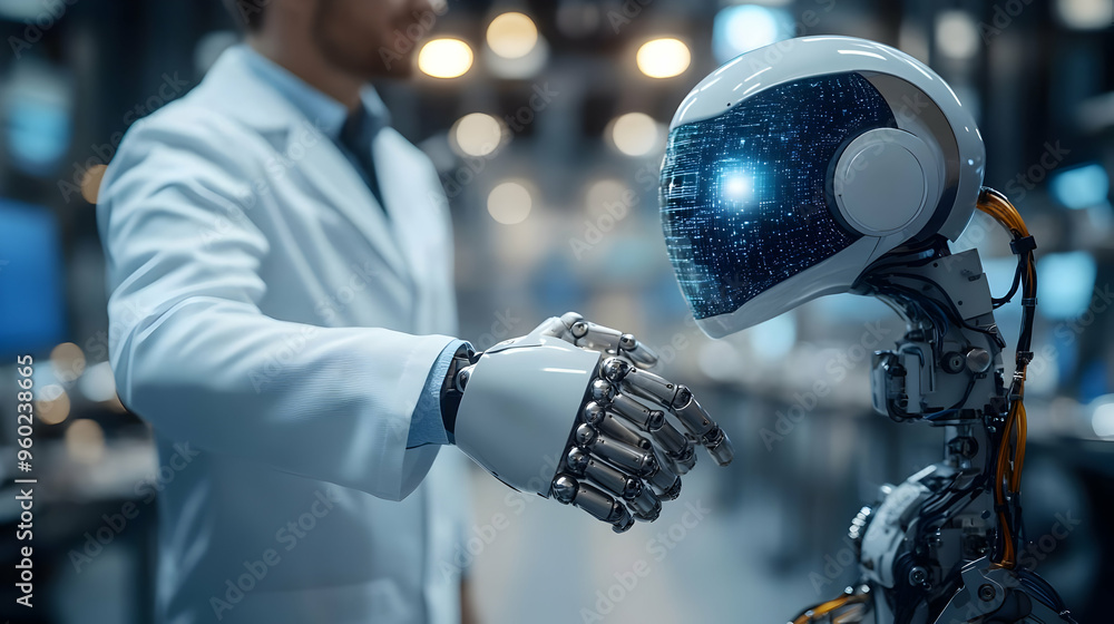 Poster a scientist shakes hands with a humanoid robot in a lab setting.