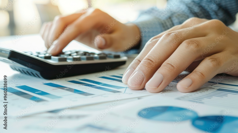 Poster cost and quality control concept: a close-up of a person's hand using a calculator and reviewing fin