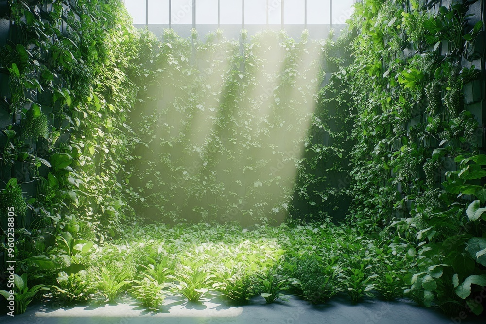 Wall mural minimal ai-controlled smart farm with vertical gardens, soft morning light, abundant empty space for