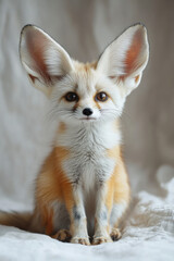 Fennec Fox,  A fennec fox posing on a clean white backdrop in a photography studio, showcasing its distinctive large ears and sandy fur