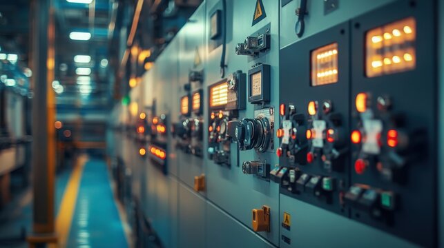 Control panel of an industrial low voltage switchgear system in a power plant, showcasing the intricate components and safety mechanisms in a high-tech environment