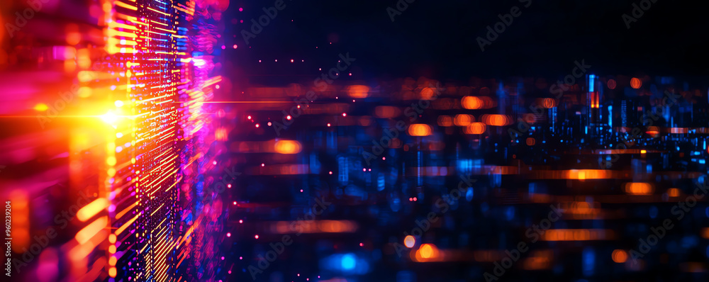 Poster a vibrant digital landscape showcasing colorful light patterns and futuristic technology elements in