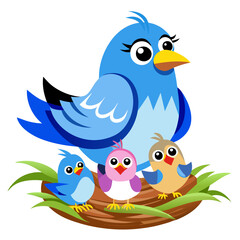 Obraz premium Mother blue bird feeding her baby's on nest vector art illustration on white background 