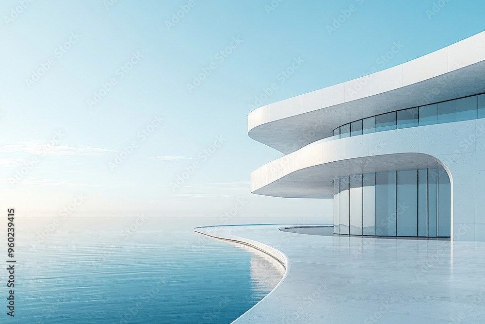 Sticker minimal ai-powered building with sustainable architecture, soft light, ample empty space surrounding