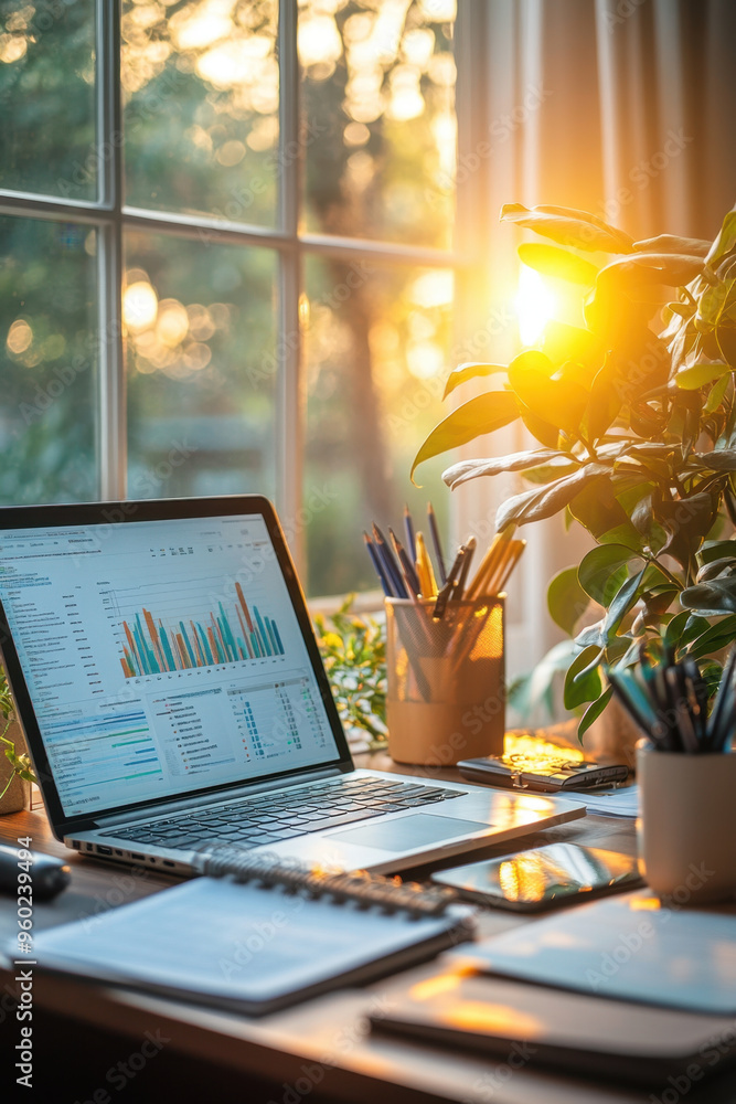 Poster laptop data analysis, a laptop showing graphs of data analysis rests on a desk with office supplies,