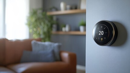 Single AI-driven smart thermostat optimizing energy for sustainability, minimal home scene with ample copy space, copy space for stock photo with minimal concept, No logo, No Trademark, No text