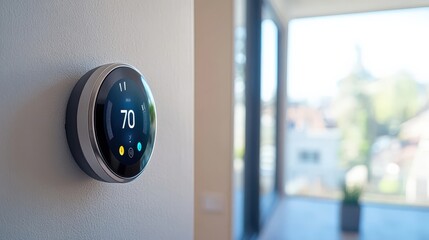 Single AI-driven smart thermostat optimizing energy for sustainability, minimal home scene with ample copy space, copy space for stock photo with minimal concept, No logo, No Trademark, No text