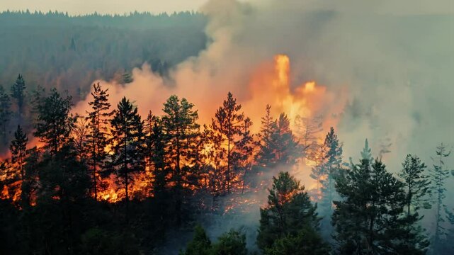 Top view video of a flat lay rotating forest fire with smoke.