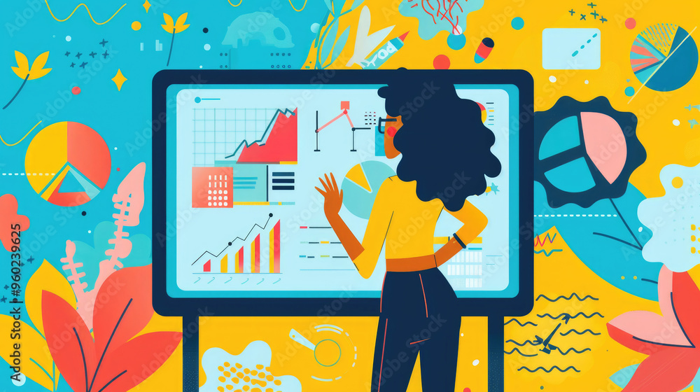 Poster the woman focuses on vibrant data visualizations displayed on a large board, illustrating trends and