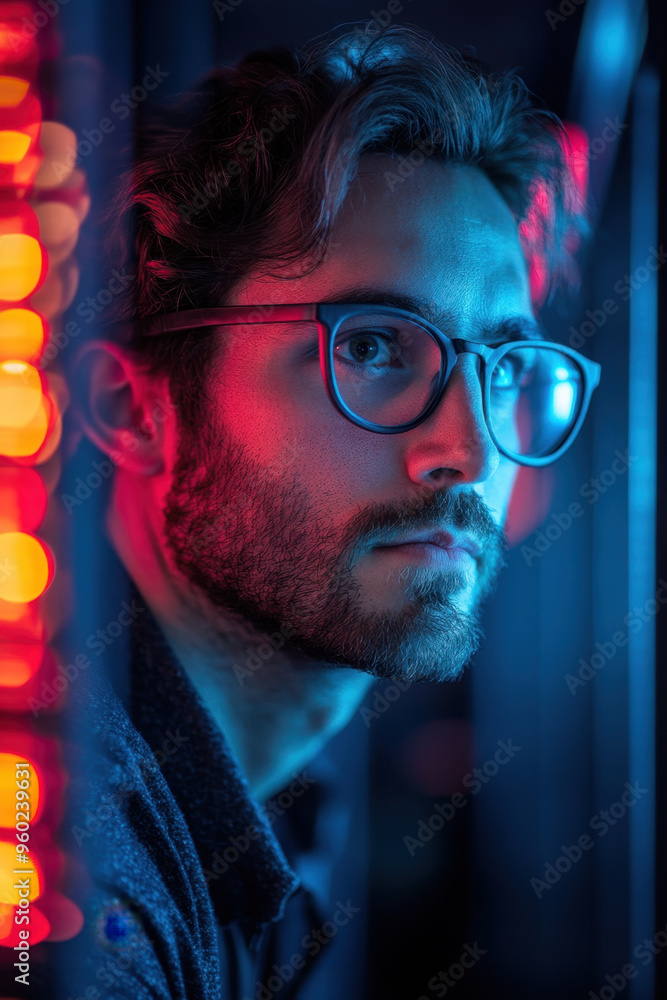 Poster ai cyber security, a male it specialist examines data related to privacy leaks and cybersecurity thr