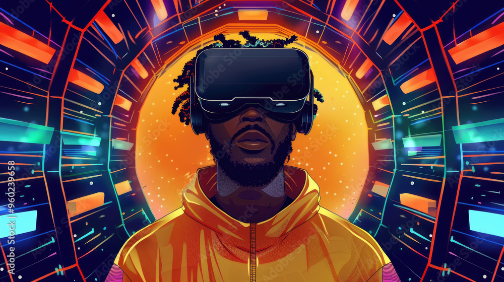 Poster an individual experiences an immersive virtual environment, surrounded by vivid colors and dynamic p
