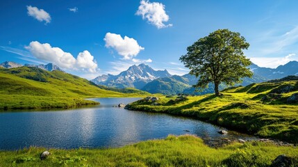 Serene alpine landscape with a tranquil lake, lush green hills, a lone tree, and snowy mountain peaks under a clear blue sky with fluffy clouds.