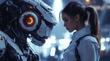 Naklejka premium Female engineer control robot in factory