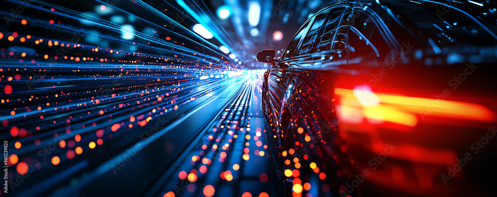 Poster dynamic motion of a car illuminated by vibrant lights, capturing the essence of speed and modern tec