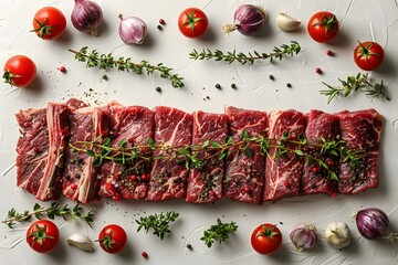 Fresh Beef Slices with Herbs, Cherry Tomatoes, and Garlic - Ideal for Cooking and Food Print Designs