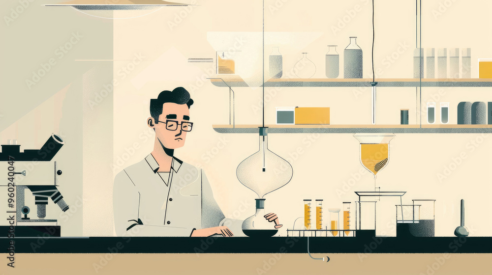 Poster a scientist is focused on conducting experiments in a well-equipped laboratory filled with glassware