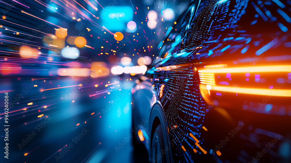 Poster dynamic view of a car in motion, showcasing vibrant lights and speed against a blurred background.