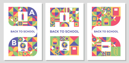 Back to school vertical banner set. Modern geometric background. Mosaic set of icons in minimalist style. Trendy geometric elements on educational poster for school