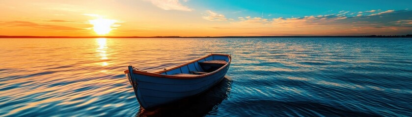 Naklejka premium Tranquil sunrise over calm lake with a solitary rowboat on the water, creating a peaceful and serene morning scene.