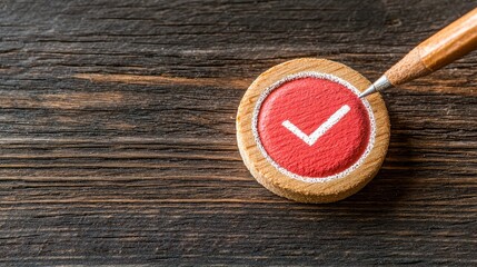 A close-up of a red check mark on a round wooden stamp, symbolizing approval and success on a rustic wooden surface.