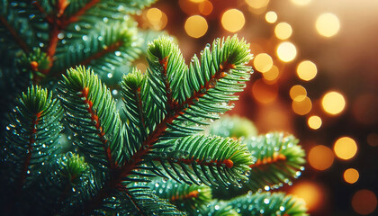 A pine tree branch with droplets of water showcasing vibrant green needles. The background features soft blurred bokeh lights in warm tones a festive atmosphere