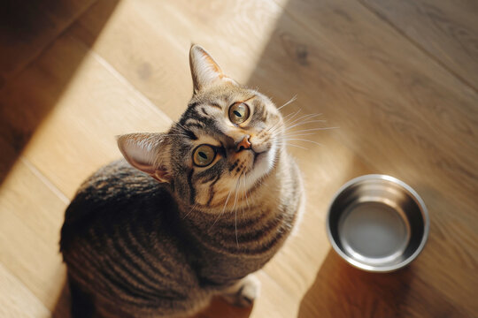 Tabby cat sitting on wooden floor near empty bowl, looking up