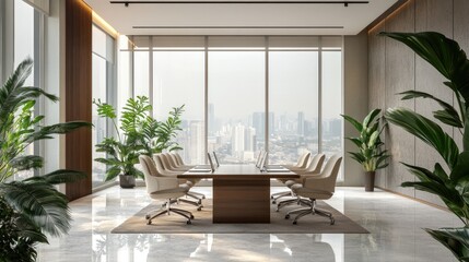 Office meeting room filled with natural light, accented by tall indoor plants and contemporary furniture.