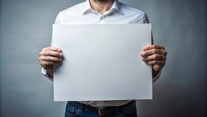 Close up mans hands holding a white paper blank on gray background, space for text