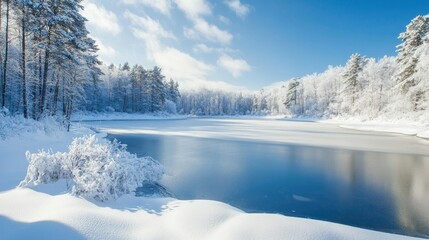 A serene winter landscape with snow-covered trees and a frozen lake.