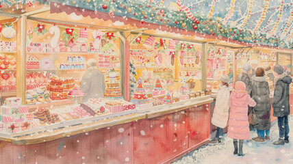 Visitors enjoy browsing a beautifully decorated winter market, filled with sweets and holiday decorations in a joyful atmosphere