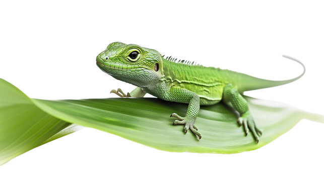 lizard on green leaf isolated on transparent background