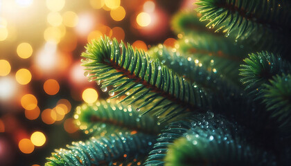 A pine tree branch with droplets of water showcasing vibrant green needles. The background features soft blurred bokeh lights in warm tones a festive atmosphere