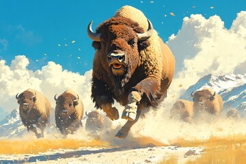 Bison Herd Charging Through a Dusty Meadow