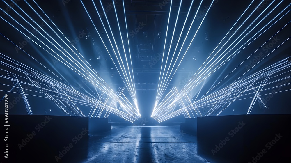 Poster dazzling laser-lit interlocking pattern backdrop for futuristic stage design