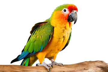 Conure parrot perched on a log wood on a white background Showing brightly colored feathers