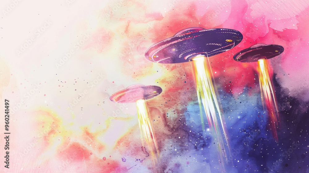 Poster three distinct spacecraft are hovering in a colorful cosmic sky, emitting beams of light while surro