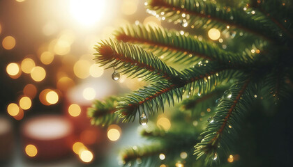 A pine tree branch with droplets of water showcasing vibrant green needles. The background features soft blurred bokeh lights in warm tones a festive atmosphere