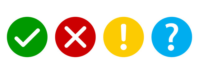set of flat round check mark, x mark exclamation point and question mark. checkmark, exclamation, x mark and question mark icon. vector illustrations in outline color green, yellow, red and blue © Tiger pixel creation