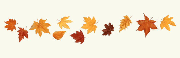 Set of watercolor autumn leaves in shades of orange, yellow, and brown. Perfect for fall themed designs, nature illustrations, and seasonal projects. Ideal for autumn patterns and backgrounds.
