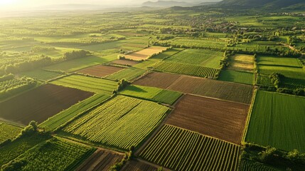 Aerial view of a sprawling agricultural landscape with neatly arranged fields and irrigation systems