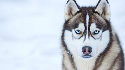Detailed Portrait of a Majestic Siberian Husky with Striking Blue Eyes, Set Against a Snowy Backdrop. This Stunning Dog Captures Attention with Its Unique Eye Color and Regal Presence 
