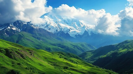 A stunning view of the Caucasus Mountains, with snow-capped peaks and green valleys.