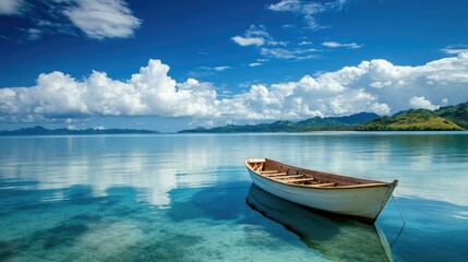 A traditional Fijian boat anchored in the calm waters of the Mamanuca Islands.